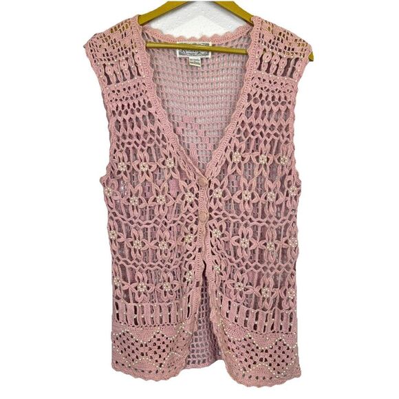 Reference Point Sweaters - Vintage Y2K Womens Top L Pink Crochet Long Vest Boho Hippie Pearls Embellished